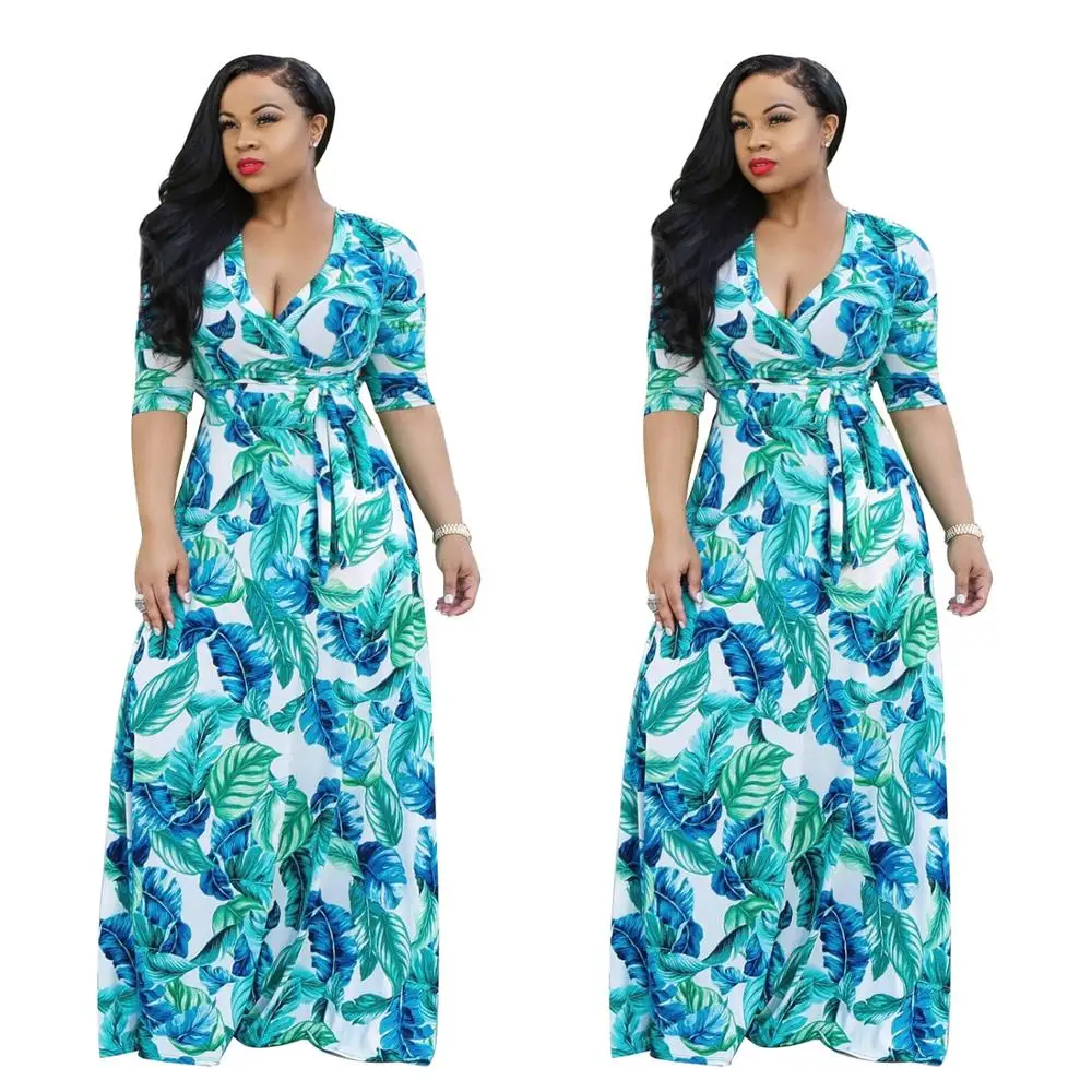 

Accept Custom Latest 2019 Floral V Neck 3/4 Sleeve Long Sleeves Plus Size Dresses Maxi Dress, As photo shown or customized