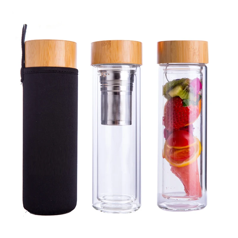 

No Minimum Wholesale custom logo 450ML amazon glass material infused water drinking bottles with tea infuser bamboo lid bottle