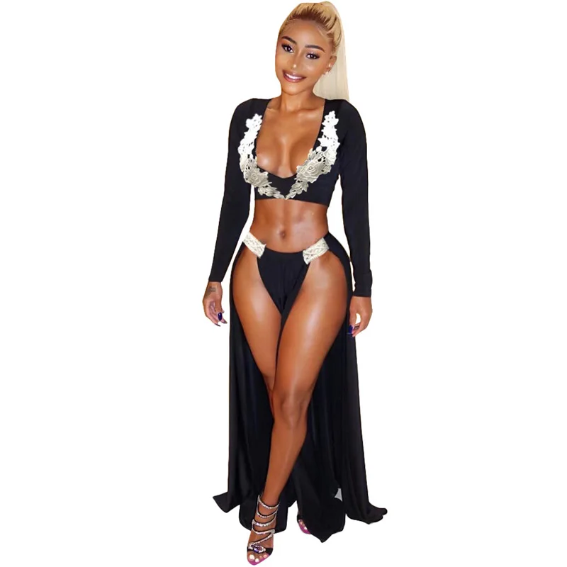 

Lace Deep V Neck Crop Top Two Piece Split Maxi Dress, Black