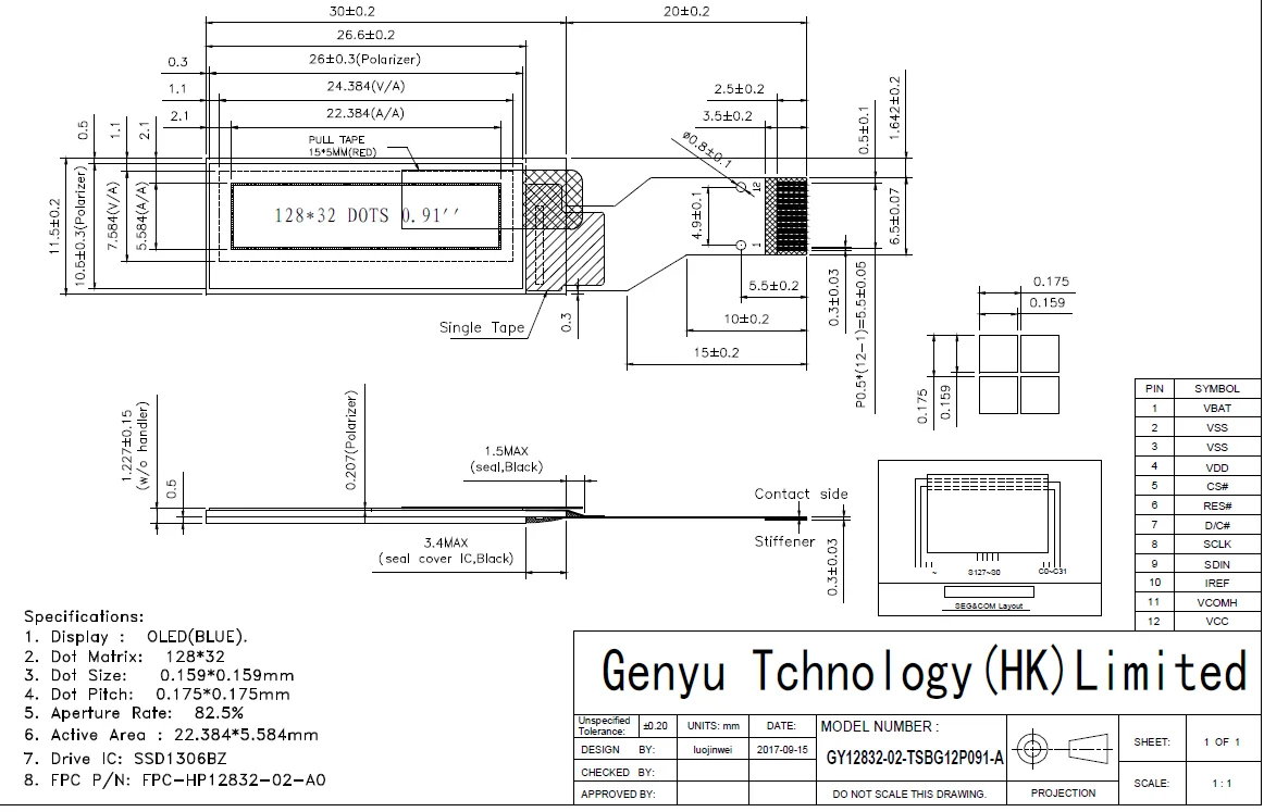 0.91 blue mono micro Genyu 0.91 inch small mono oled micro display 128x32 12/15/14 pin 12pin 15pin FPC white or blue lcd controller board 4SPI