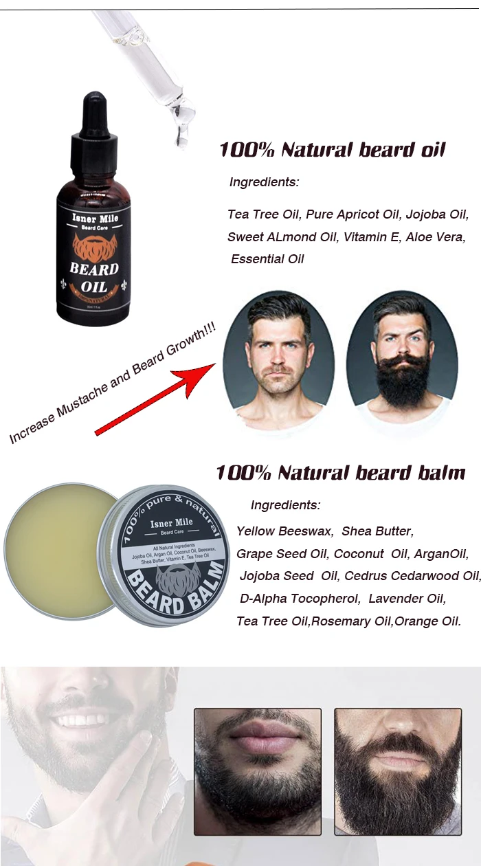 [Isner Mile] OEM/ODM Private label Men's 100% Natural Boar Bristle Beard Balm Wax Comb Brush Shaper Beard Kit 6 items