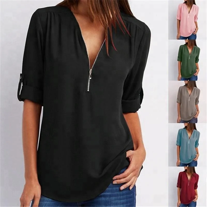 

Plus Size Women's Fashion Chiffon Shirt V-neck Long Sleeve Loose Tops Zipper T Shirt ecowalson, As show