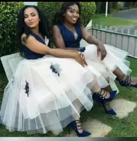 

2020 real appliqued lace layered puffy big plus size bridal party evening african navy blue bridesmaid dresses MBLA237