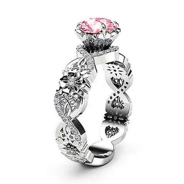 

Fashion Charm Female Pink Crystal Zircon Ring Silver Color Flower Shape Wedding Band Rings for Women Wedding Engagement Jewelry