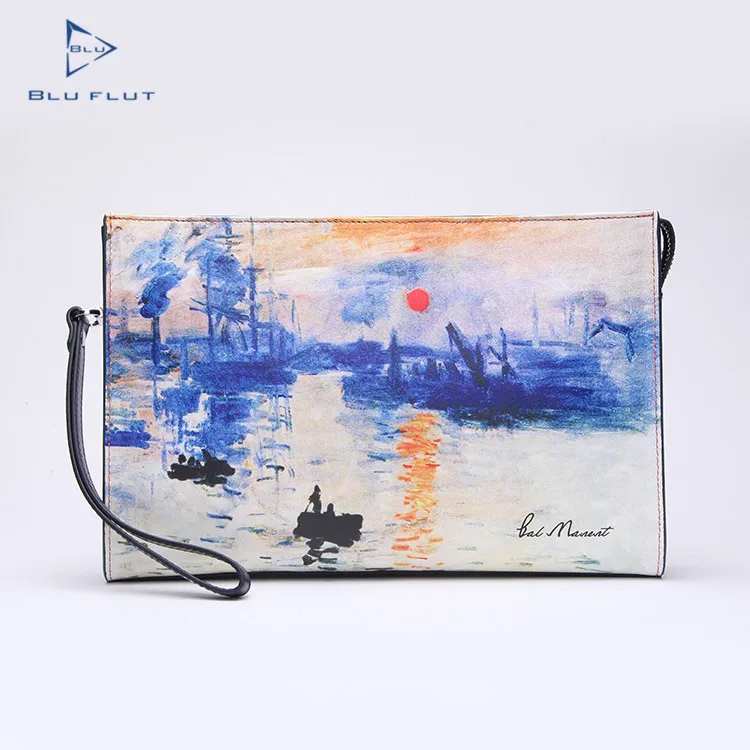 

Oil Painting 3D Cowhide Clutch Bag In Men,Genuine Leather Wallet Mens Hand Bag Clutch Bag Zip Custom, Blue and custom