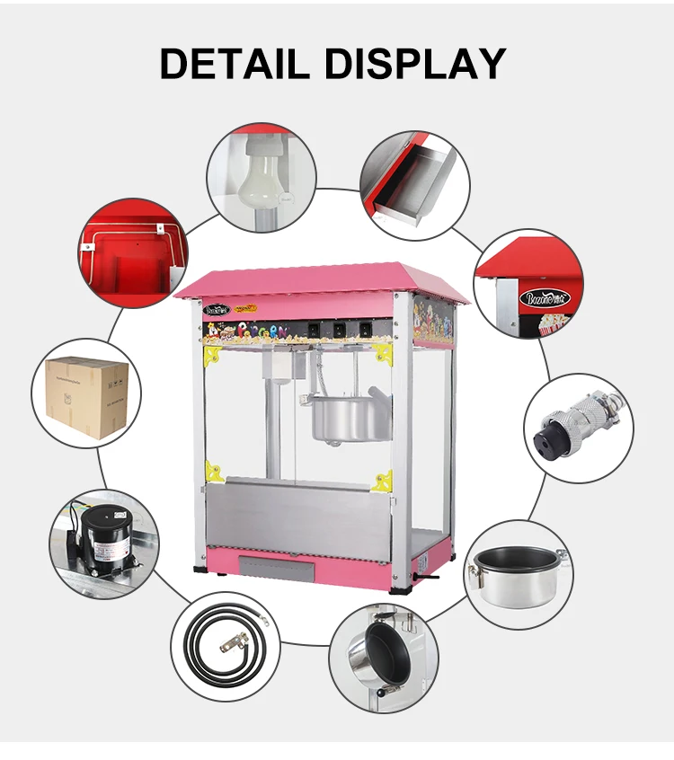 CE Approved Industrial Snack Equipment Automatic Sweet Hot Air Pink Roof White Columns Commercial Caramel Popcorn Machine Maker
