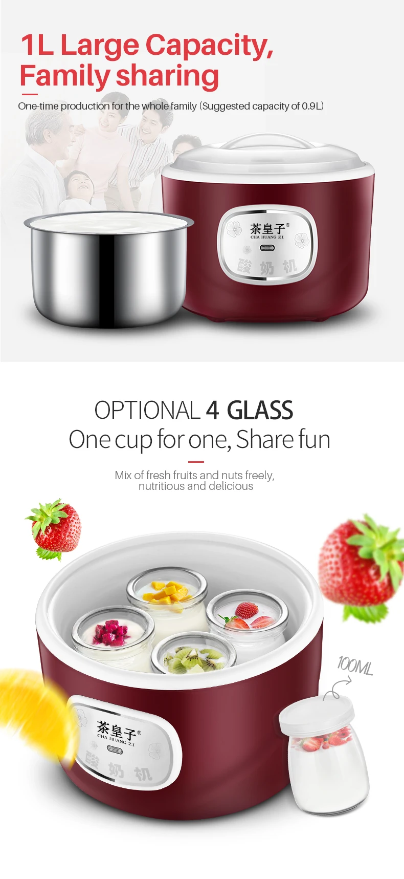 Factory Direct Sales Stainless Steel 1L 220V Automatic Yogurt Maker Machine 4 Glass Jar