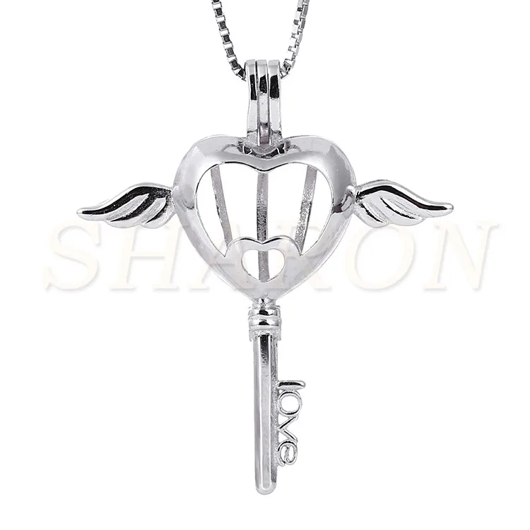 

Romantic S925 Necklace Wing Key Jewelry Bulk Sell Sterling Silver Angel Heart Pearl Cage Pendant
