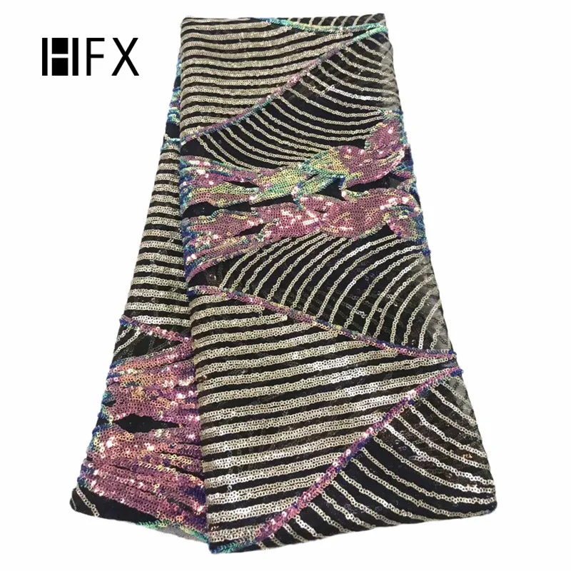 

HFX 2019 Nigerian Chunky Glitter net tulle Fabric Shiny Laser african Sequins lace fabric for evening party dress free shipping, Multicolor