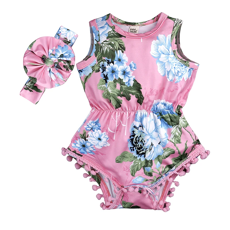 

High Quality Ruffle Sleeveless Flower Print Newborn Baby Girls Jumpsuits and Headband Infant Toddler Baby Rompers Sets, As picture
