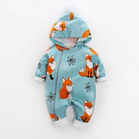 

YIERYING 2019 new 100% cotton light blue fox print cute baby hooded romper