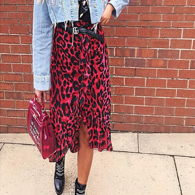 

Vintage Leopard Print Long Skirts Women Autumn Midi Skirt High Waist Asymmetrical Ruffle Skirt Irregular Casual Y11155