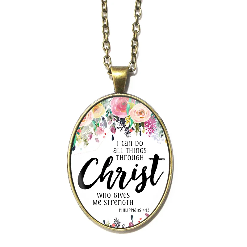 

Bible Verse Necklace Antique Bronze 30*40 mm Glass Oval Pendants Necklaces Christian Jewelry (SK402), As picture