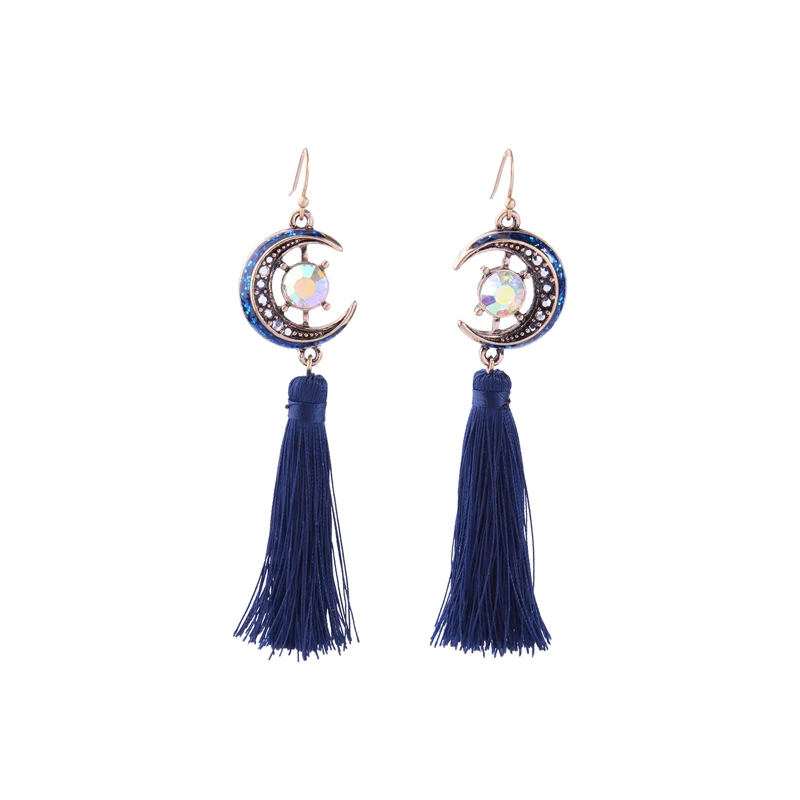 

ed01536c Vintage Blue Artemis Moon Tassel Earrings For Women