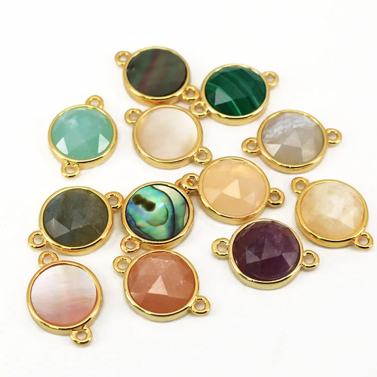 

JF8707 Dainty Gold Plated Faceted Natural Labradorite Semiprecious Stone Gemstone Round Bezel Two Ring Connector, Green;pink;white;pyrite;peach