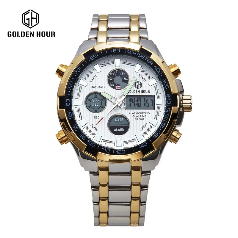 

Luxury Brand Analog Digital Watches Men goldenhour Led Full Steel Male Clock Men Military Wristwatch Quartz Sports Watch