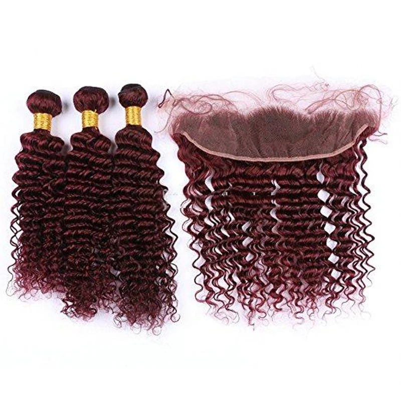 

#99J burgundy deep wave cambodian virgin human hair bundles with lace frontal, 99j