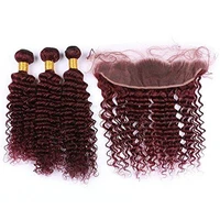 

#99J burgundy deep wave cambodian virgin human hair bundles with lace frontal