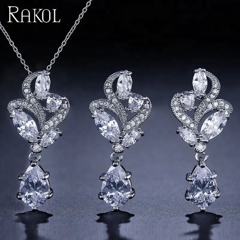 

RAKOL Zircon Bridal Jewelry Simple Crystal Leaf Shape Pendant Earrings Chain Necklace Set S268, As picture