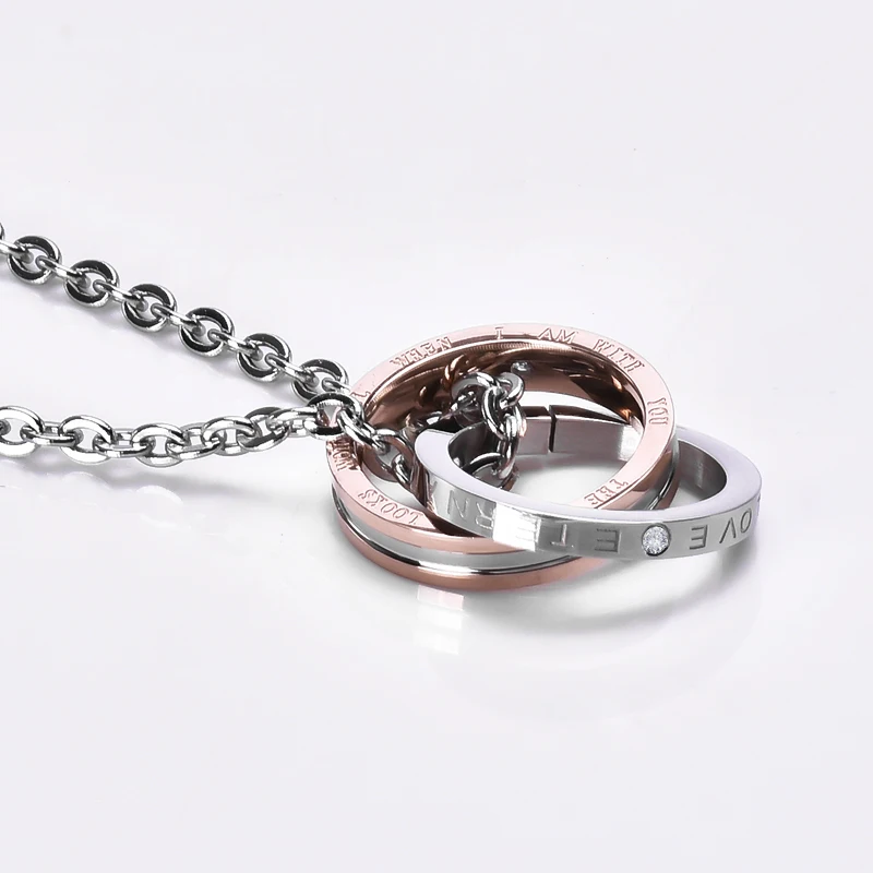 Custom Stainless Steel Engraved Love Crystal Pendant Double Circle Necklace