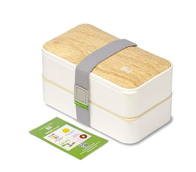 

Wood bamboo Like style leakproof 2 layer bento lunch box with cutlery for kids and adults, White pink