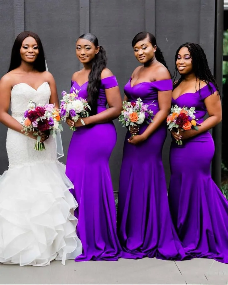

2019 Elegant African Purple Mermaid Bridesmaid Dresses Off Shoulder Satin Long Formal Wedding Guest Dress