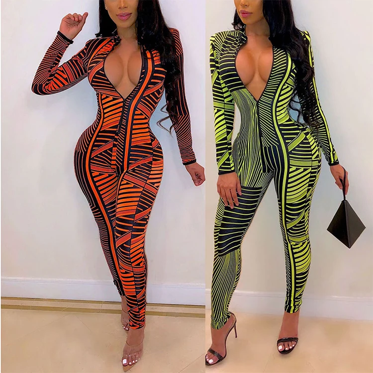 Super Fashion Orange Strip Print Long Sleeves Lapel Sexy One Piece Rompers Women Jumpsuit