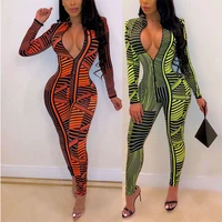 

Super Fashion Orange Strip Print Long Sleeves Lapel Sexy One Piece Rompers Women Jumpsuit