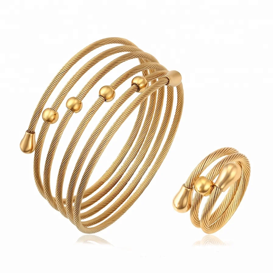 

S-209 xuping 24K gold color fashion rings multi-layer bangle jewelry set
