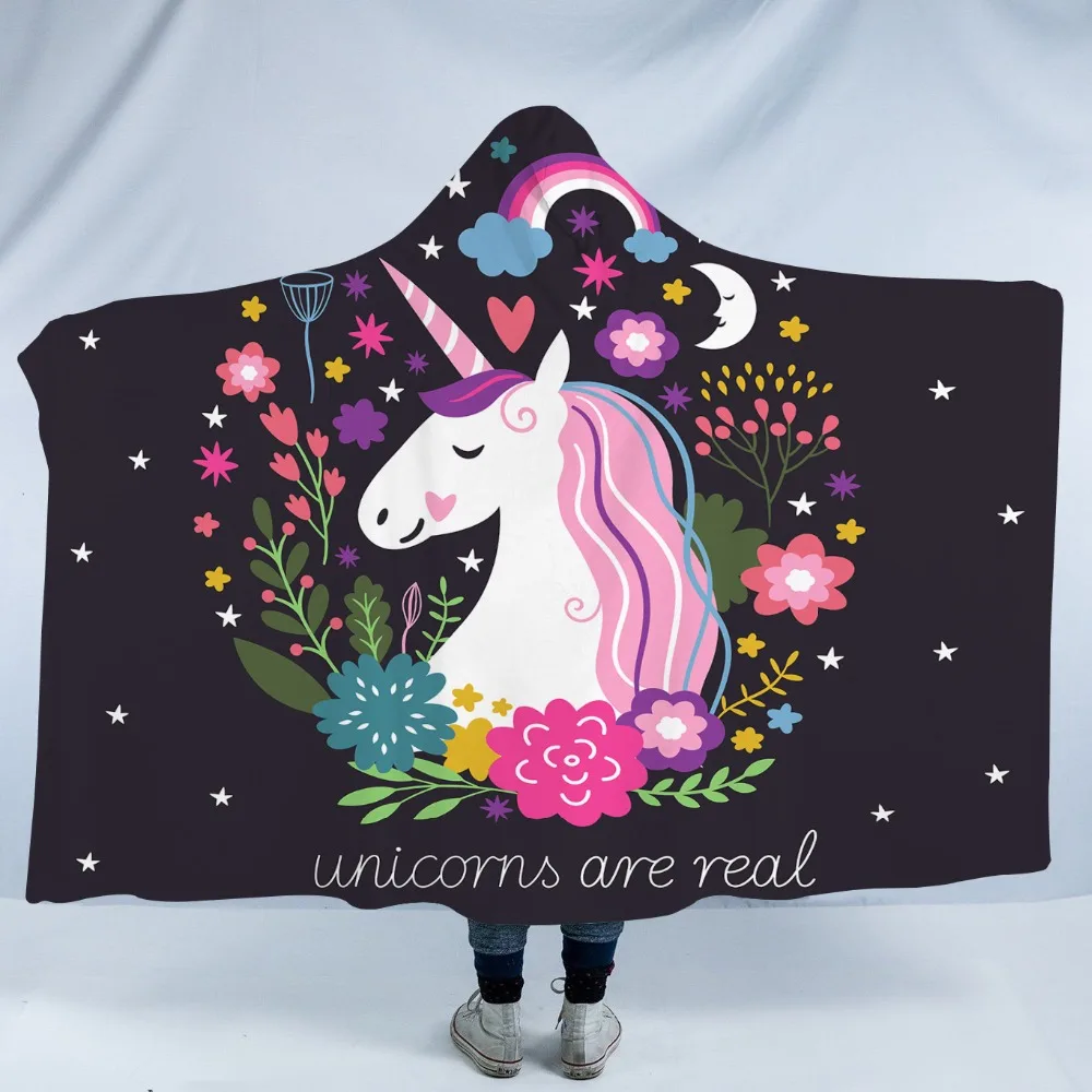 

150x200 Cartoon Unicorn Microfiber Hooded Blanket Floral Sherpa Fleece Wearable Black Blanket For Kids Adult Girls, Accept customer's color