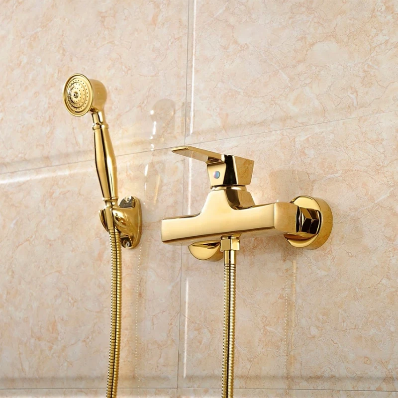 Fapully Gold Plated Brass Wall Mount Rain Shower System Shower Head Hand Shower