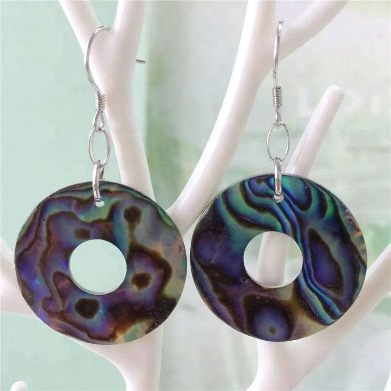 

925 Silver Earrings Natural Shell New Zealand Abalone Shell Round Earrings