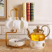 

Hot Sale Flower Tea Cup Set English Afternoon Tea Ceramic Glass Tea Set Teapot with Heating base