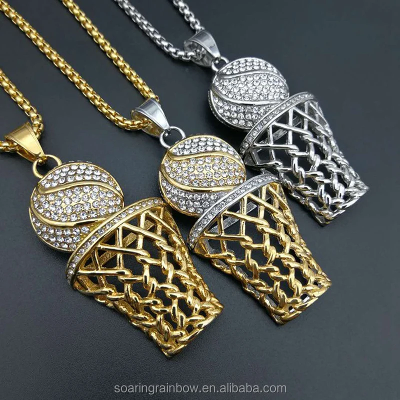 Hip Hop Iced Out Bling Full Rhinestone Men Basketball Pendants Necklaces Gold Stainless Steel Sports Necklace for Men Jewelry