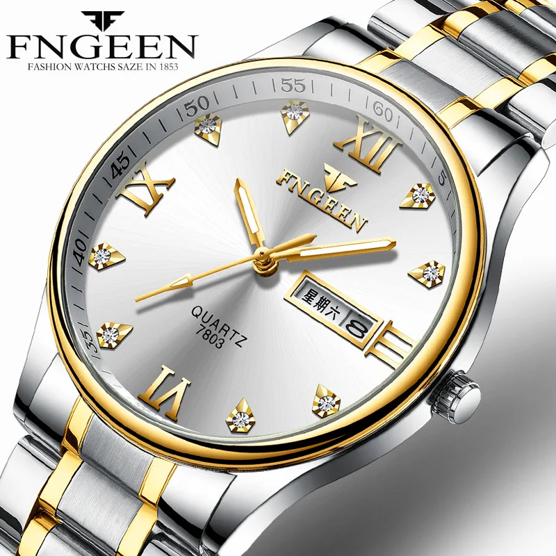 

FNGEEN 7802 Design Between Gold Steel Belt Fashion Leisure Double Calendar Wrist Watch Man Quartz, As the picture