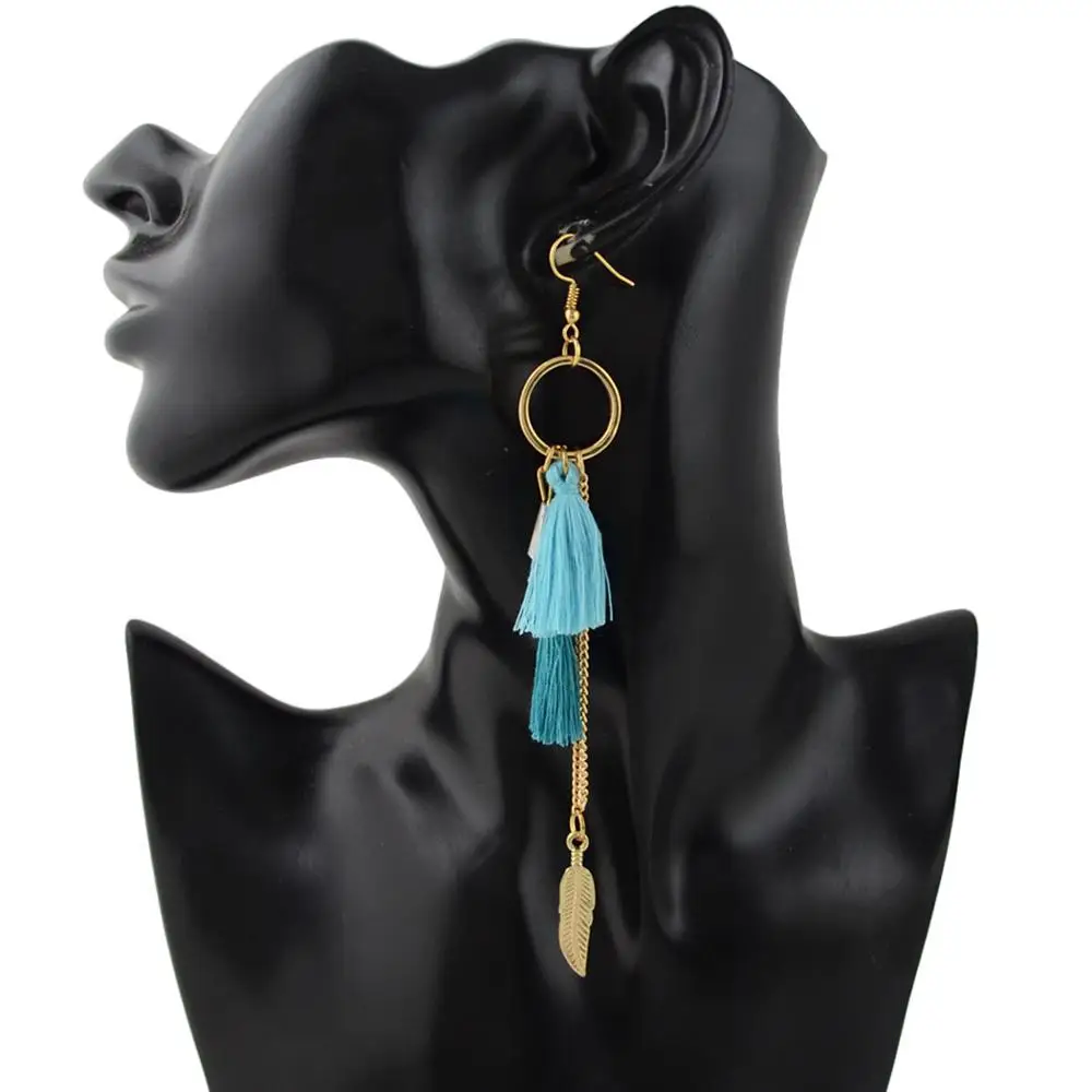 

Fashion Leaf Double Silk Tassels Earrings For Women Jewelry, Pink blue red sky-blue gray