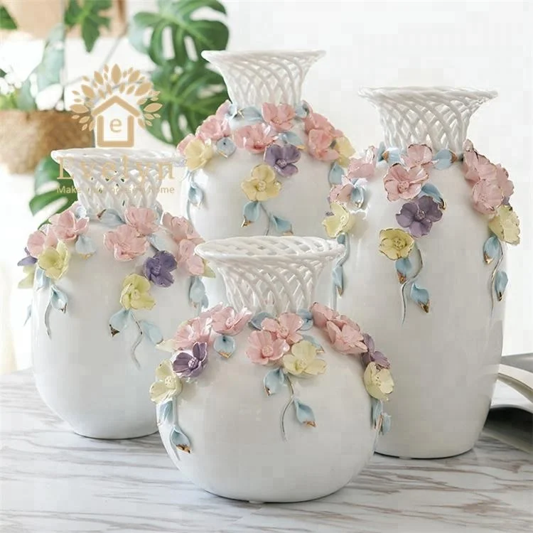 

Home garden Chinese decorative ceramic porcelain beautiful hand crafts flower vases, White and colorful flower