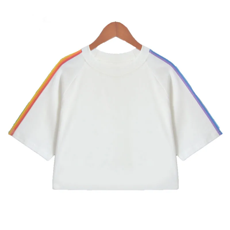 

White rainbow three quarter sleeve loose crop top women dynamic t shirts