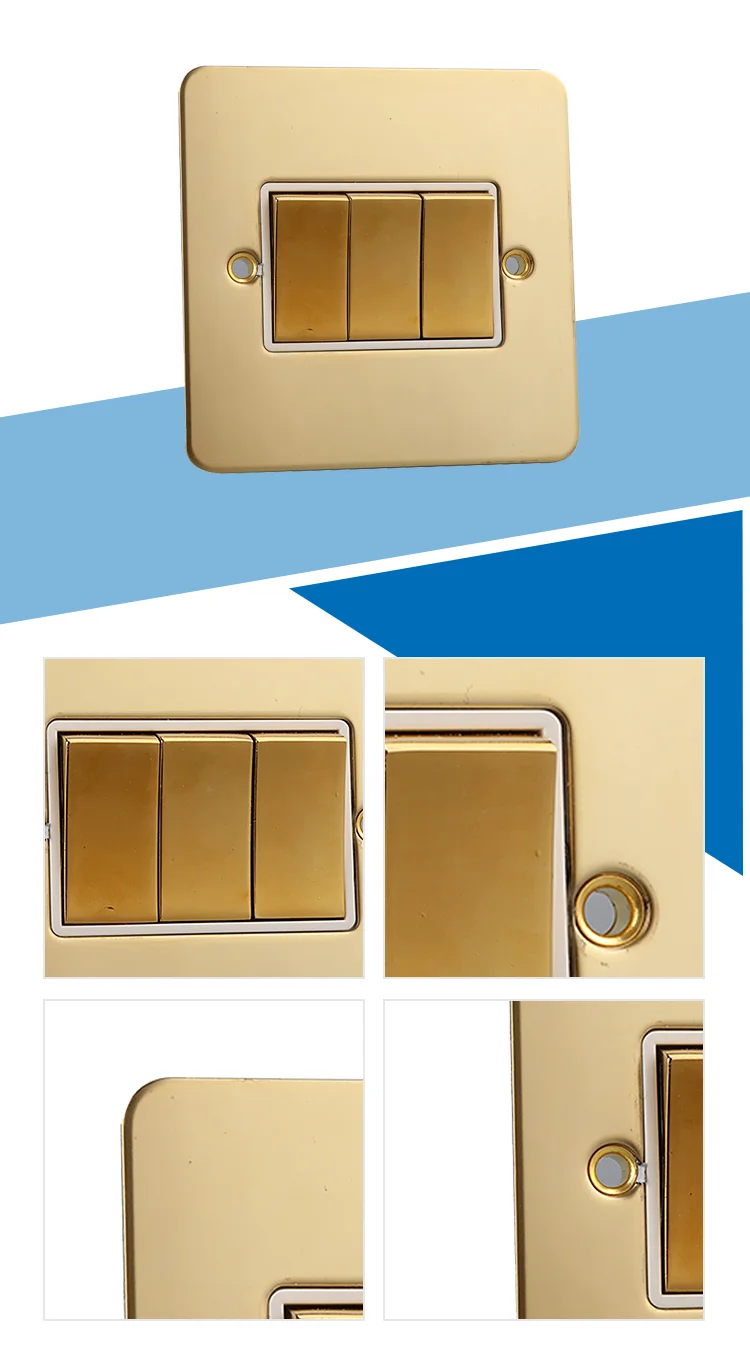 Hailar wall switch polished brass 3 gang 2 way golden electrical light switch