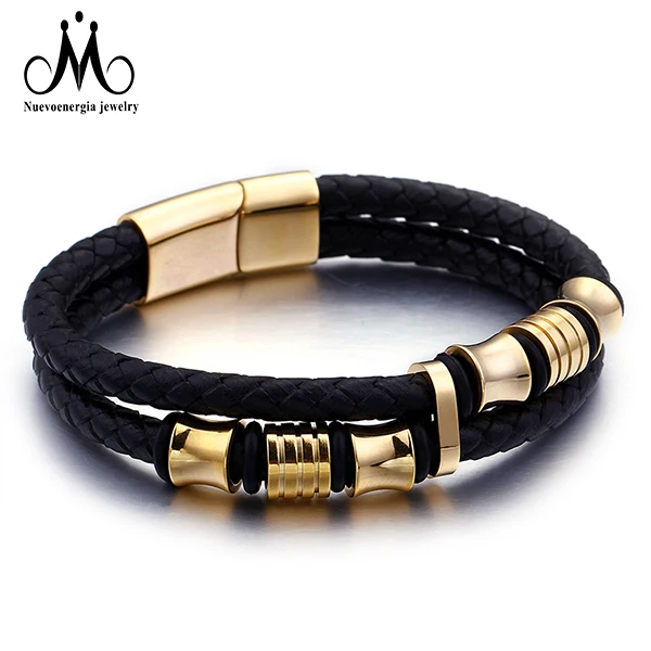 

Fashion Double Braided Bracelets Accessories Black Gold Leather Bracelet Stainless Steel For Men, Gold, black