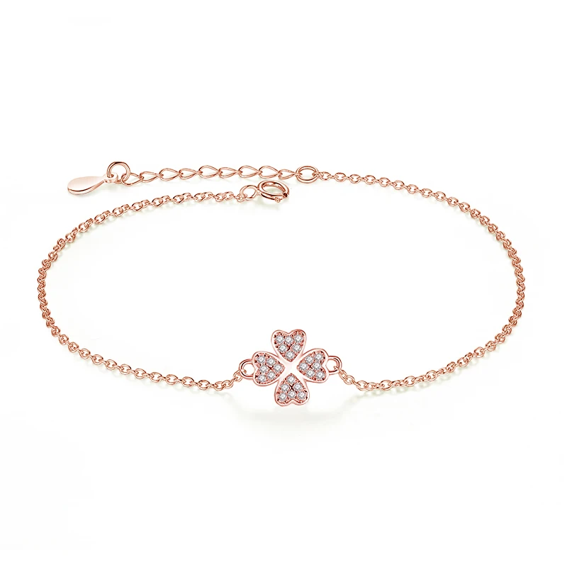 

Fashion Rose Gold-Color Lucky Clover Charm Bracelet Crystal Love Heart Women Bracelet Wholesale 925 Sterling Silver Jewelry