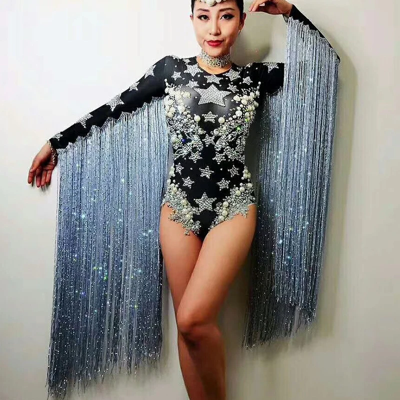 

Fringed Crystals Women Outfit Jazz Costume Rhinestone Sexy Bodysuit Black Singer Dancer Nightclub Stag Party Prom Jumpsuit DJ210, As picture