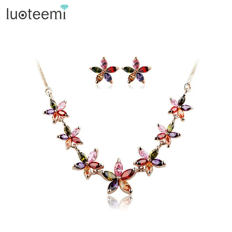 

LUOTEEMI Hot Sell Christmas Gift Wholesale Summer Flower Multi AAA Zircon Necklace For Women 18K Rose Gold Jewelry Set Bridal, N/a