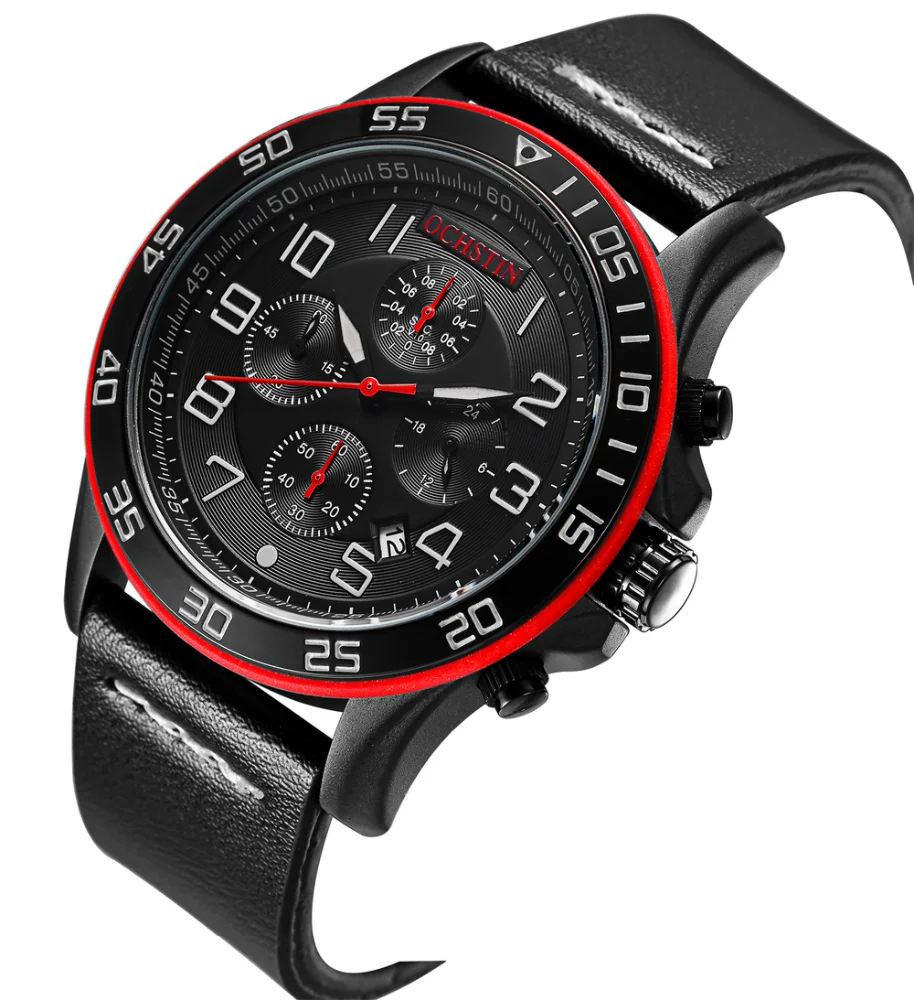 

OCHSTINE 068B Men Quartz Watch Sports Chronograph Leather Waterproof Wrist Watch, 4 color for you choose