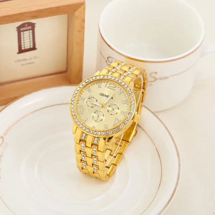

Fashion Steel Band Watch Geneva Gift Ladies Calendar gold watch Diamond Watch Luxury women wristwatches, As pictures