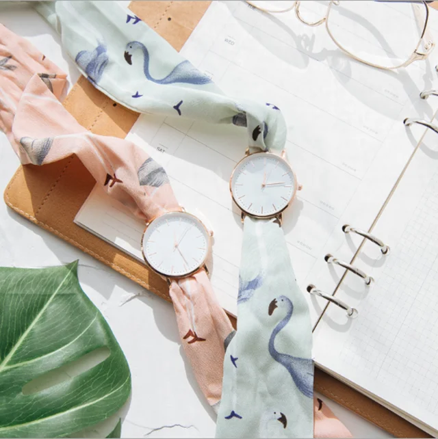 

Bright colorful cloth band girls reloj de hombre stylish flamingo pattern silk ribbon watch rose gold slim case hand clock, Any pantone color is okay