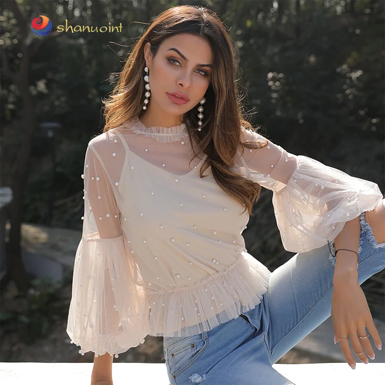 Women's  Long Sleeve Mesh Net Beaded Transparent Ladies Tops And Blouses Latest Design With Pearls