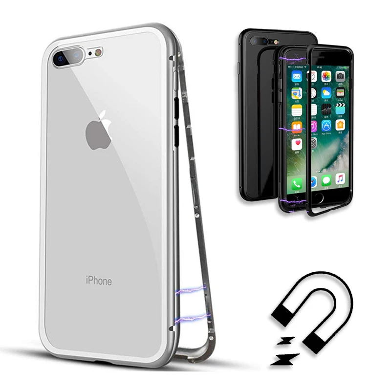 

2018 Magnetic Phone Case for IPhone X 9 8 7 6 plus Clear Tempered Glass Built in Magnet Case Metal Cover