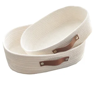 Image of Organic Woven Cotton Rope Basket Sundries Toys Storage Hand Made Basket with Pu handle