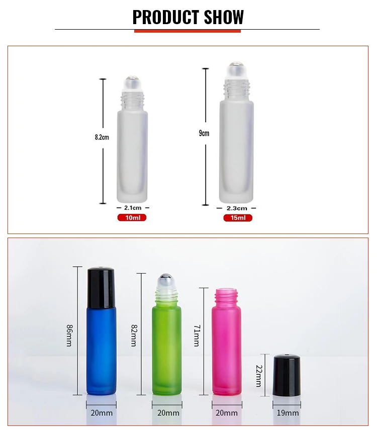 Wholesale empty essential oil perfume 3ml 5ml 8ml 10ml frosted clear amber blue glass roll on bottle with metal roller ball